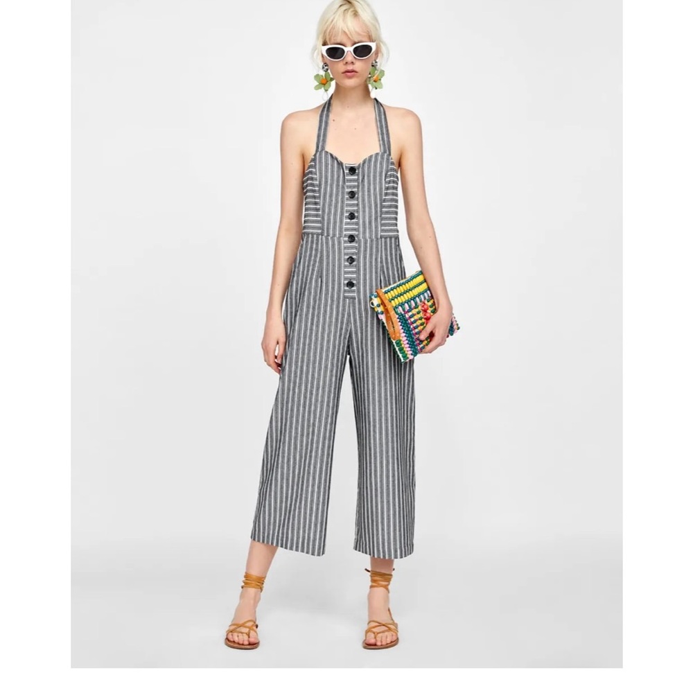 NWT ZARA Grey Denim Halterneck Overall